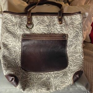 Myra Bag Beige and Brown Canvas Tote with design on Canvas Myra Large Bag